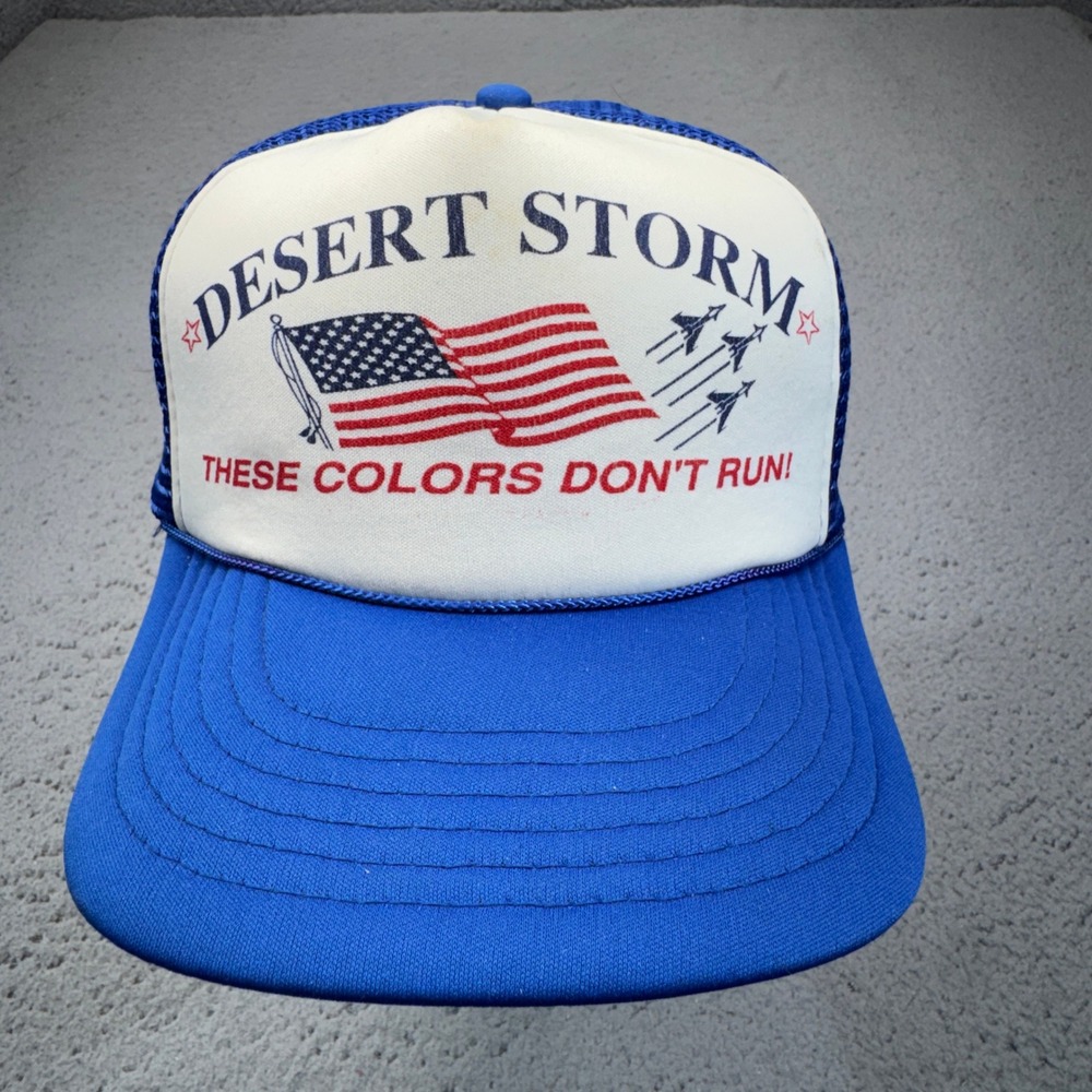 Vintage Desert Storm Hat Cap Snapback Trucker‎ OSFM Blue Patriotic 90s Air Force